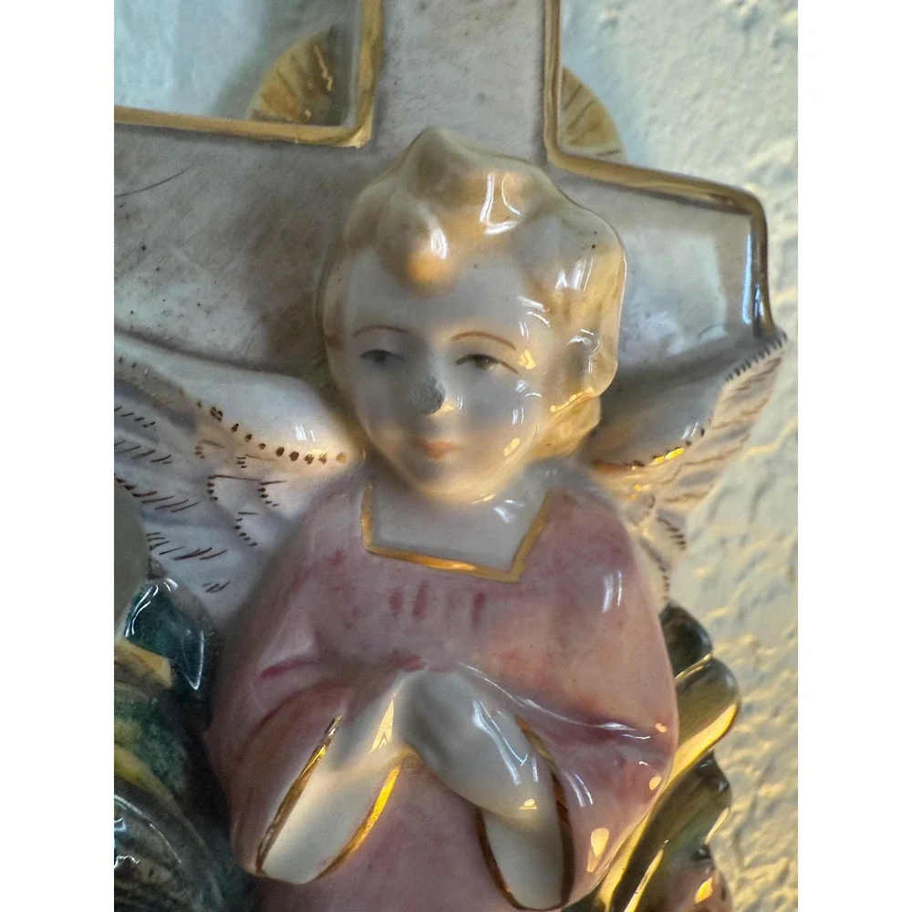 Vintage Porcelain Angel and Cross Holy Water Font - Hand Painted- Gold Trim - Picture 3 of 11
